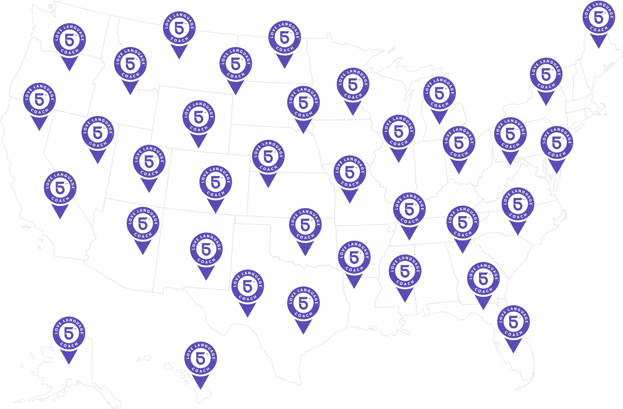 Map of the United States with location pins showing coaches across the country